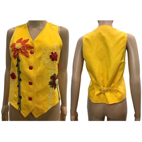 Cento x Cento Yellow Linen Blend Vest w Floral Embroidery | Italy 38 XS/S - Picture 3 of 9